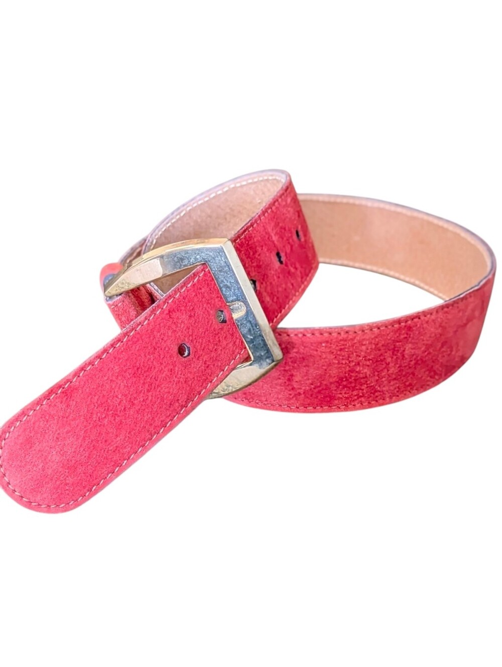 Calderon Pink Suede Belt with White Stitching M USA Casual Business Leather